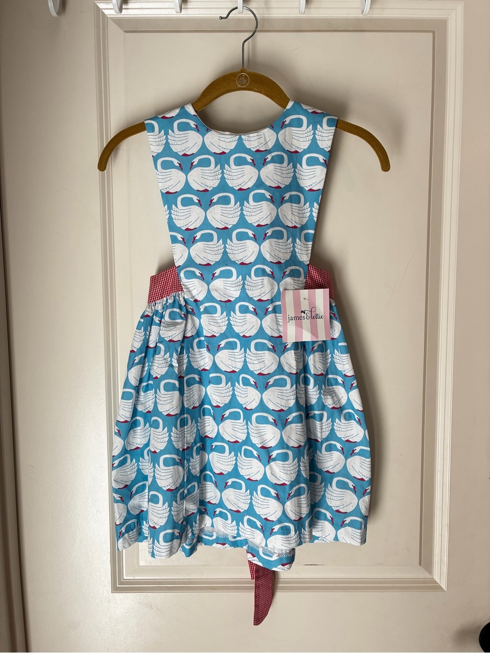 James & Lottie Collins Blue Swan Print Pinafore Dress Sz 8